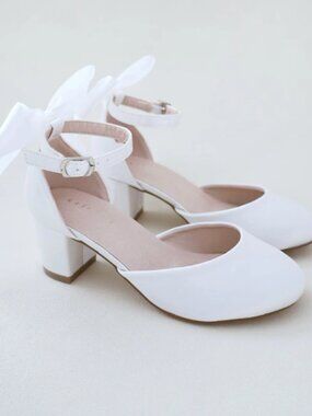 NEW Kailee P Girls Satin Block Heel with Back Satin Bow - White, Size 3